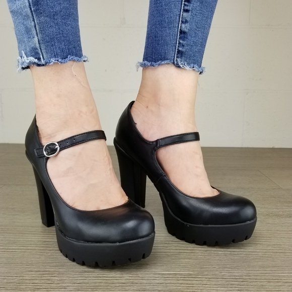 Rockabilly Chunky Platform Heels Faux Leather - Picture 3 of 8